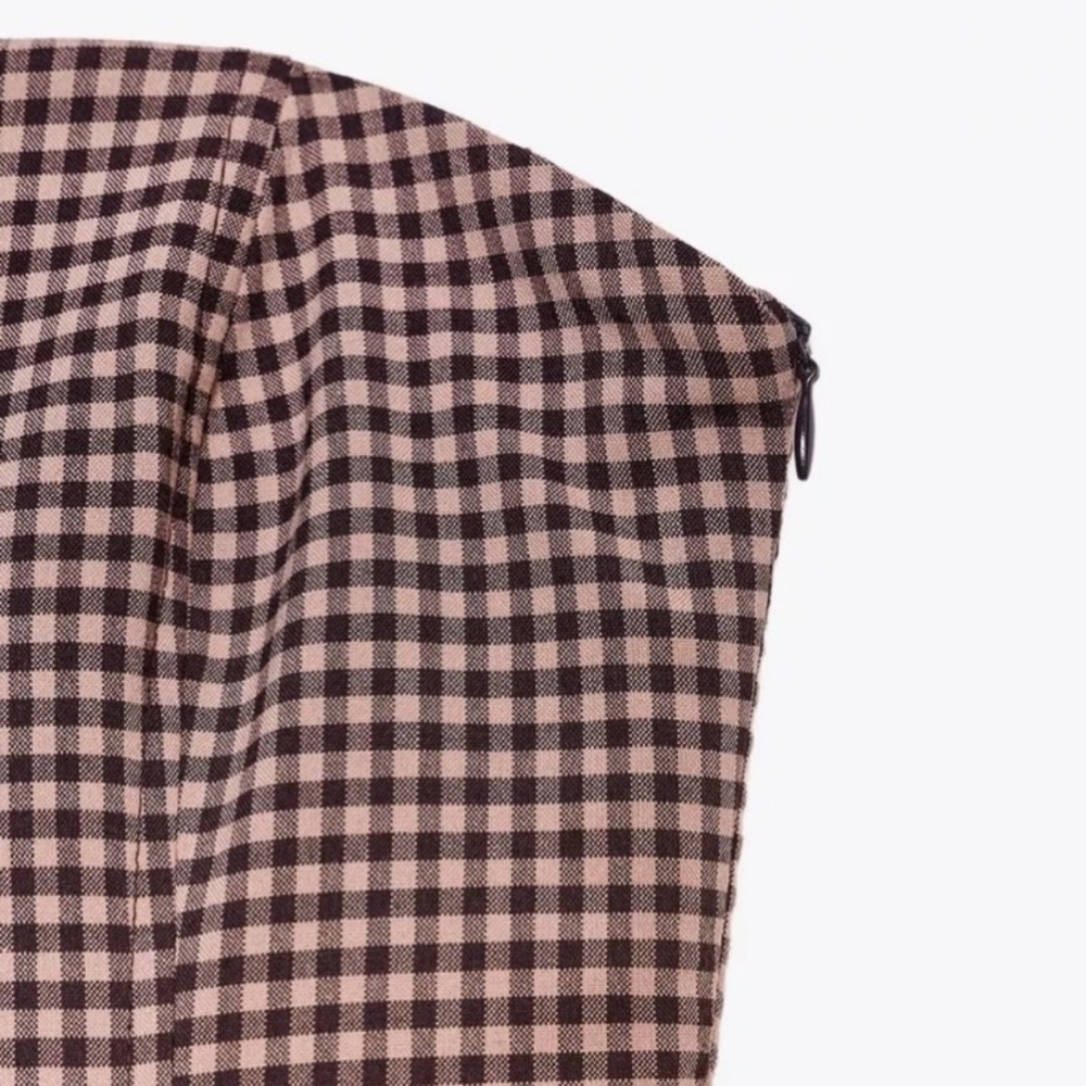 NWT Zara Strapless Gingham Patterned Midi Dress in Burgundy/White - S - Picture 10 of 16